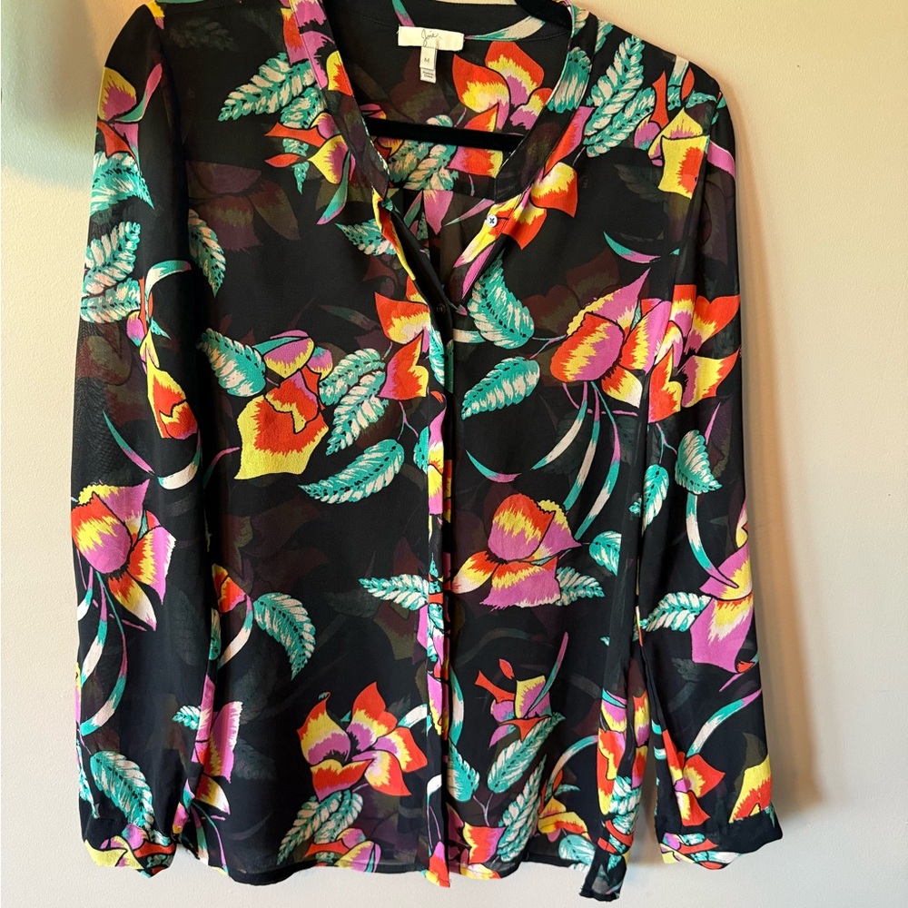 Joie Pink and Orange Buttoned Blouse with Notched Collar